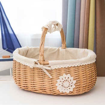 Плетена кошница Ратанова кошница за съхранение Кутия Кошница за пикник Кошници с плодове и цветя с капак и дръжка и бяла подплата за къмпинг #W0