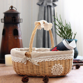 Плетена кошница Ратанова кошница за съхранение Кутия Кошница за пикник Кошници с плодове и цветя с капак и дръжка и бяла подплата за къмпинг #W0