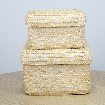 Плетени сламени кошници за съхранение с капак Ратанов контейнер за закуски Многофункционални кошчета Играчки за пране Органайзер Домакинска сгъваема кутия за слама