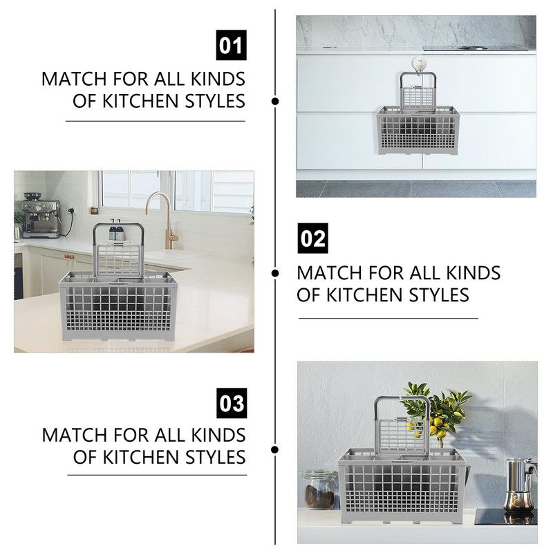 Universālā trauku mazgājamās mašīnas galda piederumu grozs Sudraba trauku maiņas groza piederumu uzglabāšanas kaste kanalizācijas ūdenim virtuves mājsaimniecībai (pelēka)