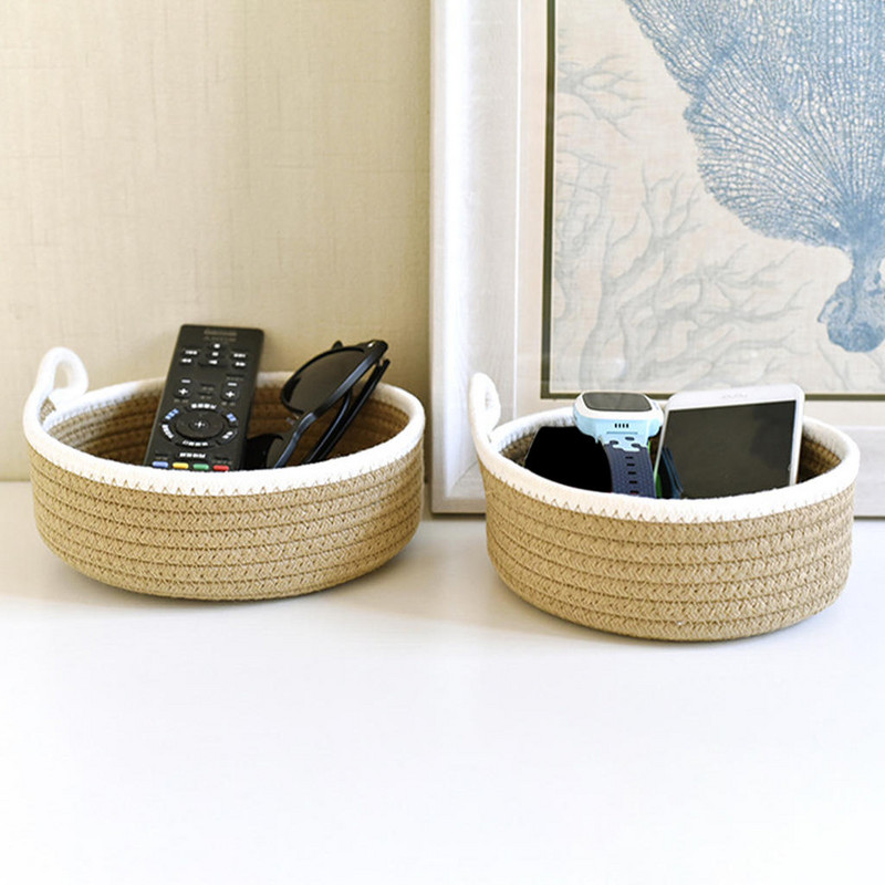 2x apaļi mazi austi grozi, dekoru komplekts aksesuāri virvju grozs bērnudārza uzkodām