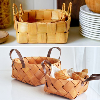 Δημιουργικά χειροποίητα ξύλινα υφαντά καλάθια με λαβή λαχανικών φρούτων ψωμιού αποθήκευσης τροφίμων Δοχείο σνακ για πικ-νικ για κουζίνα