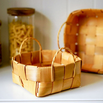Δημιουργικά χειροποίητα ξύλινα υφαντά καλάθια με λαβή λαχανικών φρούτων ψωμιού αποθήκευσης τροφίμων Δοχείο σνακ για πικ-νικ για κουζίνα