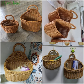 Плетена кошница за съхранение с дръжка Домашна декорация Висящи кошници за кухня Всекидневна Органайзер за разни плодове Ръчно тъкани кошници