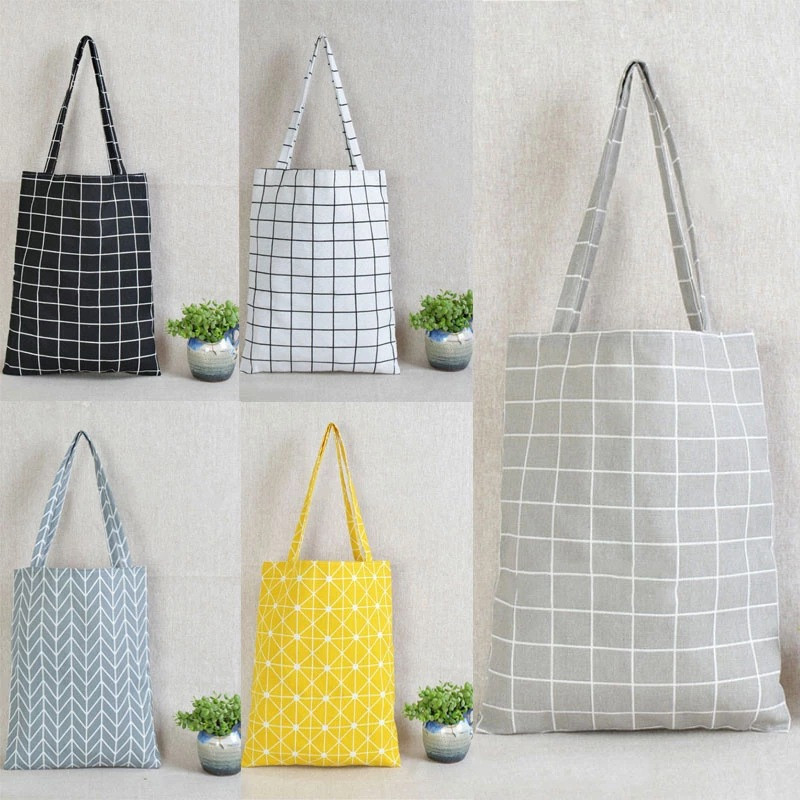 5 krāsu sieviešu pircēju soma Rūtainā lina kokvilnas audekla iepirkšanās plecu somas Videi draudzīgas salokāmas pārnēsājamas pārtikas preču somas