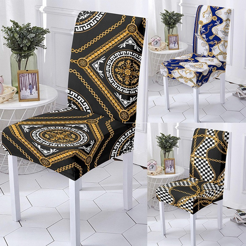 Retro ēdamistabas krēslu pārvalki 3D zelta ķēdes drukas spandeksa krēsla pārvalks Ģeometriskais sēdekļa pārvalks viesistabas ballīšu dekorēšanai