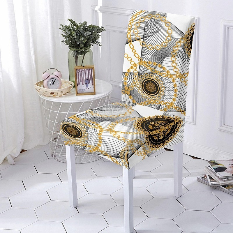 Retro ēdamistabas krēslu pārvalki 3D zelta ķēdes drukas spandeksa krēsla pārvalks Ģeometriskais sēdekļa pārvalks viesistabas ballīšu dekorēšanai