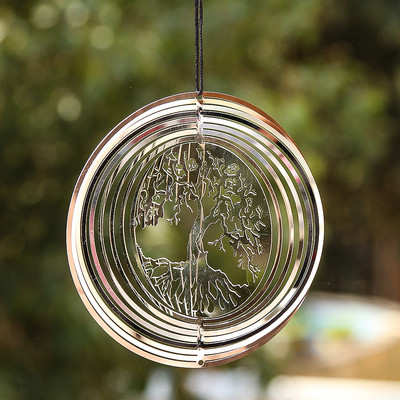 Tree of Life Wind Spinner Catcher 3D Rotating Pendant Flowing-Light Effect Mirror Reflection Design Garden Outdoor Hanging Decor