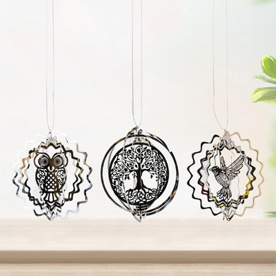 Clopoței de vânt rotativ 3D din oțel inoxidabil, colibri, copac al vieții, bufniță, ornamente suspendate în aer liber, grădină, fermă, decor spinar