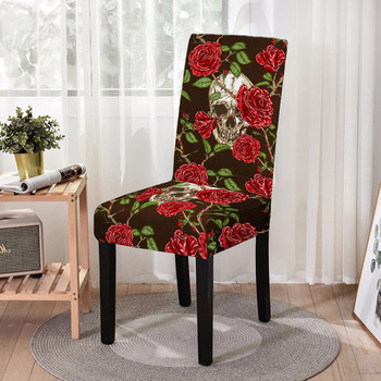 3D Rose Flower Skull Print Κάλυμμα καρέκλας Spandex για τραπεζαρία Αντι-βρώμικα Stretch καρέκλες Καλύμματα για πάρτι Δείκτης Αγίου Βαλεντίνου