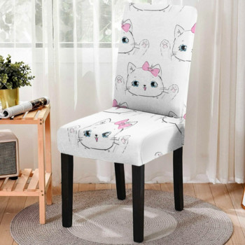 1PCS Прахоустойчива еластична калъфка за стол Сладка котка Разтегателен калъф за стол Калъфи за седалки за трапезария Сватбено парти Начало Декор Sillas