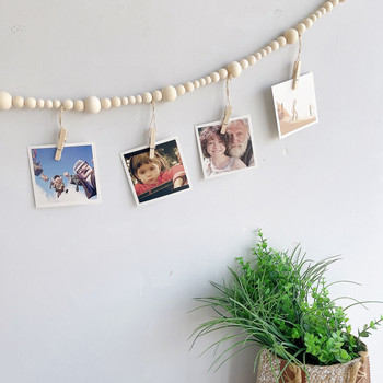 Висящ на стената дисплей за снимки с гирлянди от дървени мъниста Колаж Рамка за картина за бохо стенен декор Поставка за снимки Рустик провинциален декор