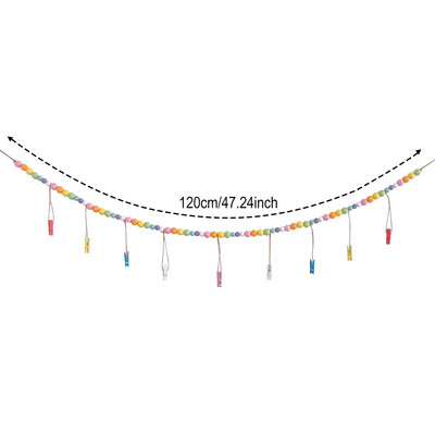 Висящ на стената дисплей за снимки с гирлянди от дървени мъниста Колаж Рамка за картина за бохо стенен декор Поставка за снимки Рустик провинциален декор