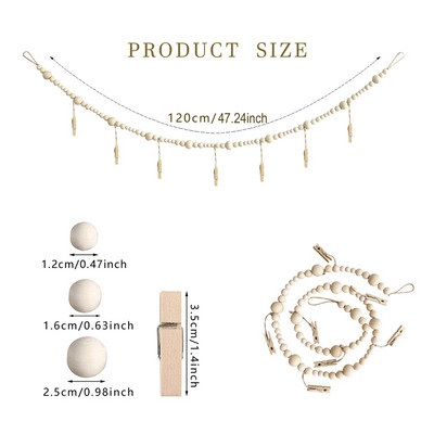 Висящ на стената дисплей за снимки с гирлянди от дървени мъниста Колаж Рамка за картина за бохо стенен декор Поставка за снимки Рустик провинциален декор