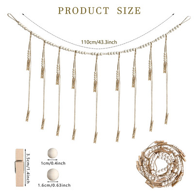 Висящ на стената дисплей за снимки с гирлянди от дървени мъниста Колаж Рамка за картина за бохо стенен декор Поставка за снимки Рустик провинциален декор