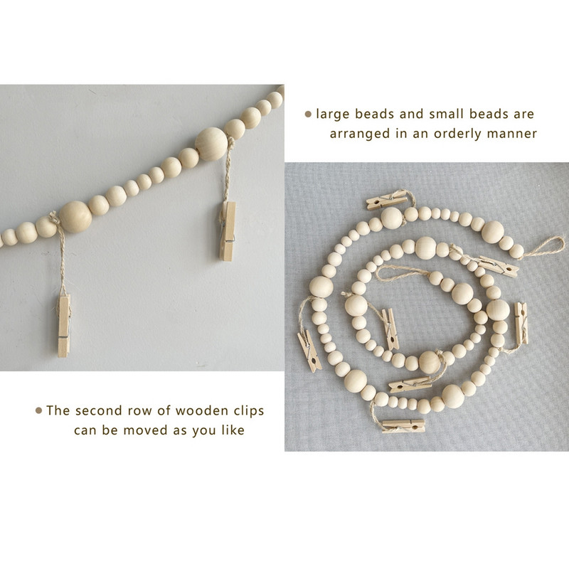 Висящ на стената дисплей за снимки с гирлянди от дървени мъниста Колаж Рамка за картина за бохо стенен декор Поставка за снимки Рустик провинциален декор