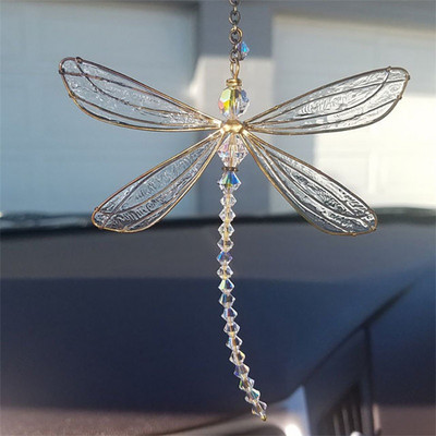 Kreatív szitakötő alakú kristály medál, gyönyörű fém szárny, átlátszó szélcsengő otthoni autódíszek
