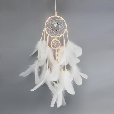 Κορίτσι Heart Dream Catcher Εθνικά στολίδια με φτερά Κορδέλες δαντέλα Φτερά τυλιγμένα φώτα για κορίτσια Διακόσμηση δωματίου Dreamcatcher