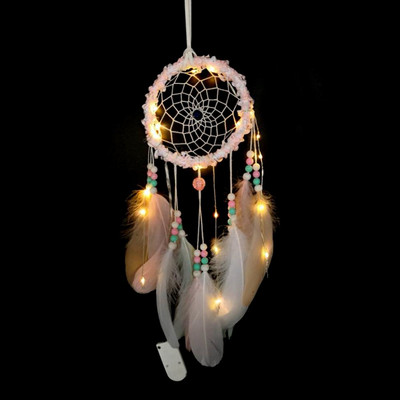 Κορίτσι Heart Dream Catcher Εθνικά στολίδια με φτερά Κορδέλες δαντέλα Φτερά τυλιγμένα φώτα για κορίτσια Διακόσμηση δωματίου Dreamcatcher