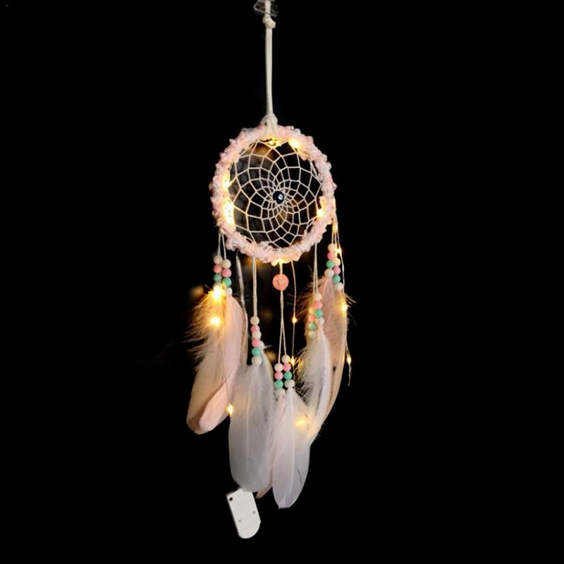 Κορίτσι Heart Dream Catcher Εθνικά στολίδια με φτερά Κορδέλες δαντέλα Φτερά τυλιγμένα φώτα για κορίτσια Διακόσμηση δωματίου Dreamcatcher