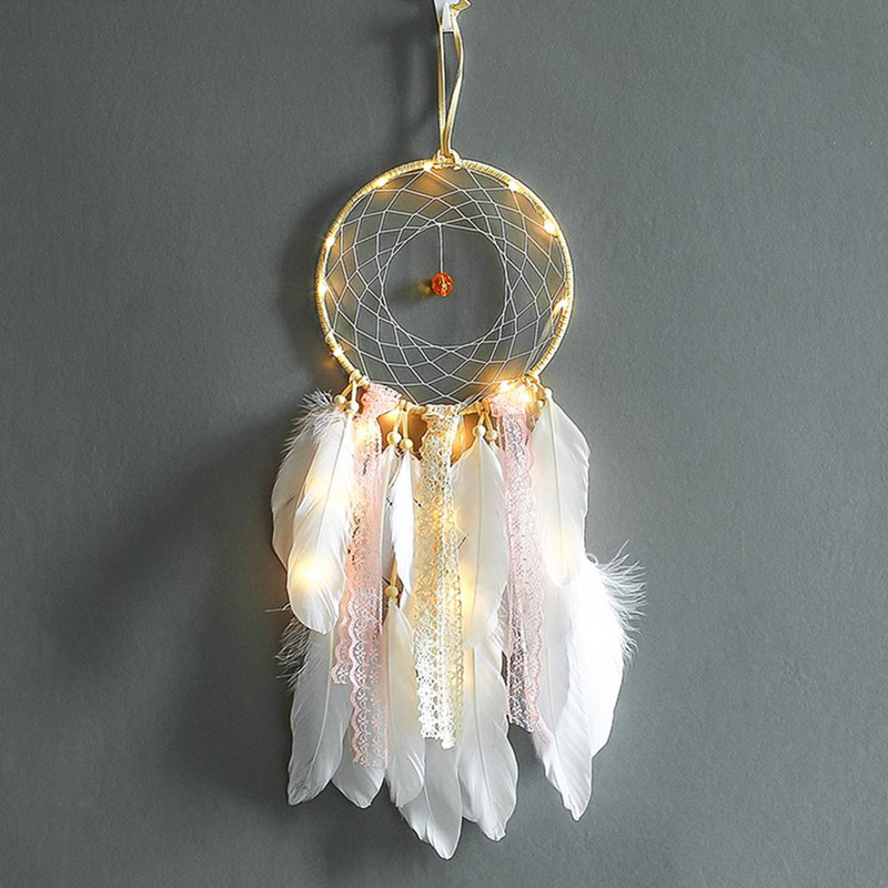 Κορίτσι Heart Dream Catcher Εθνικά στολίδια με φτερά Κορδέλες δαντέλα Φτερά τυλιγμένα φώτα για κορίτσια Διακόσμηση δωματίου Dreamcatcher