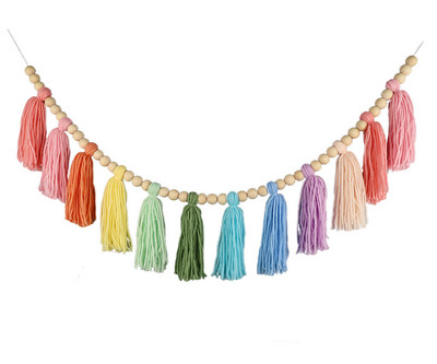 Varavīksnes pušķu vītne Krāsains Pom Pom Garland Koka Pērlītes Lieldienu Pavasaris Meitenes Guļamistabas Sienas Ballīte Dzimšanas dienas Bērnu Dušas dekors