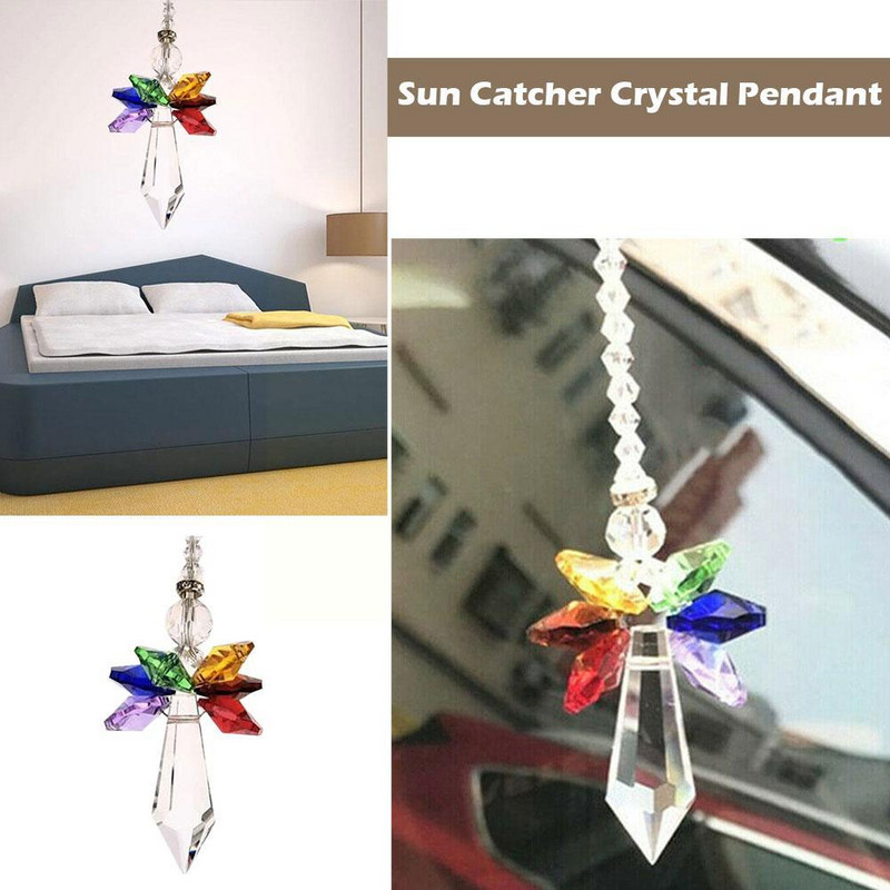 Vaivorykštės angelo krištoliniai karoliukai, saulės gaudyklė, pakabukai, kabantys lango dekoro ornamentas automobiliui, pristatymas į namus E2j9