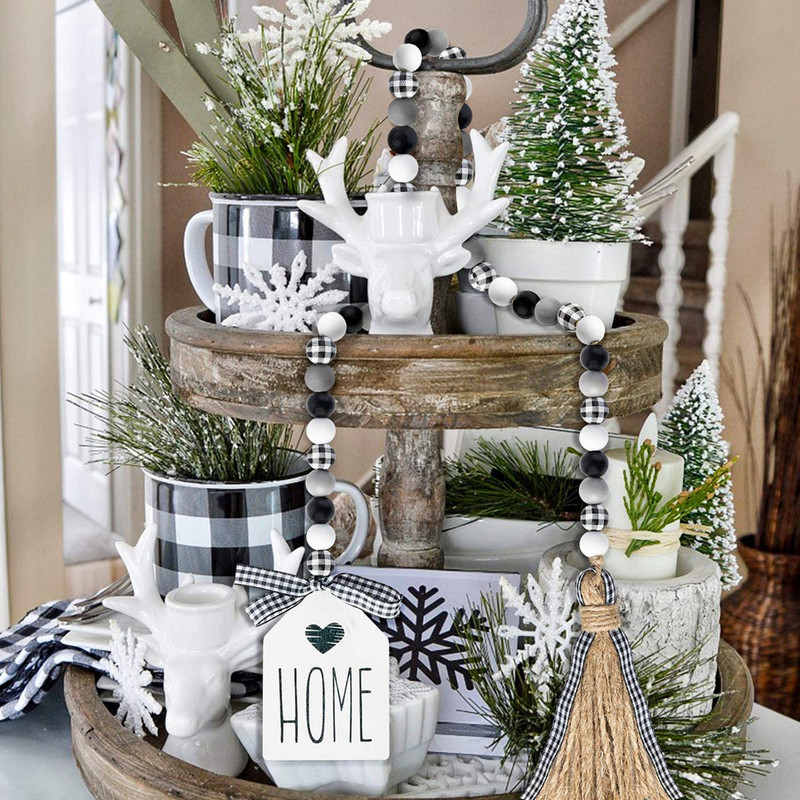 Koka pērlīšu vītnes Mājas dekorēšana Roku darbs Boho koka pērlīšu vītne ar džutas zemniecisku pušķi un mājas birkas piekarināmi sienas ornamenti