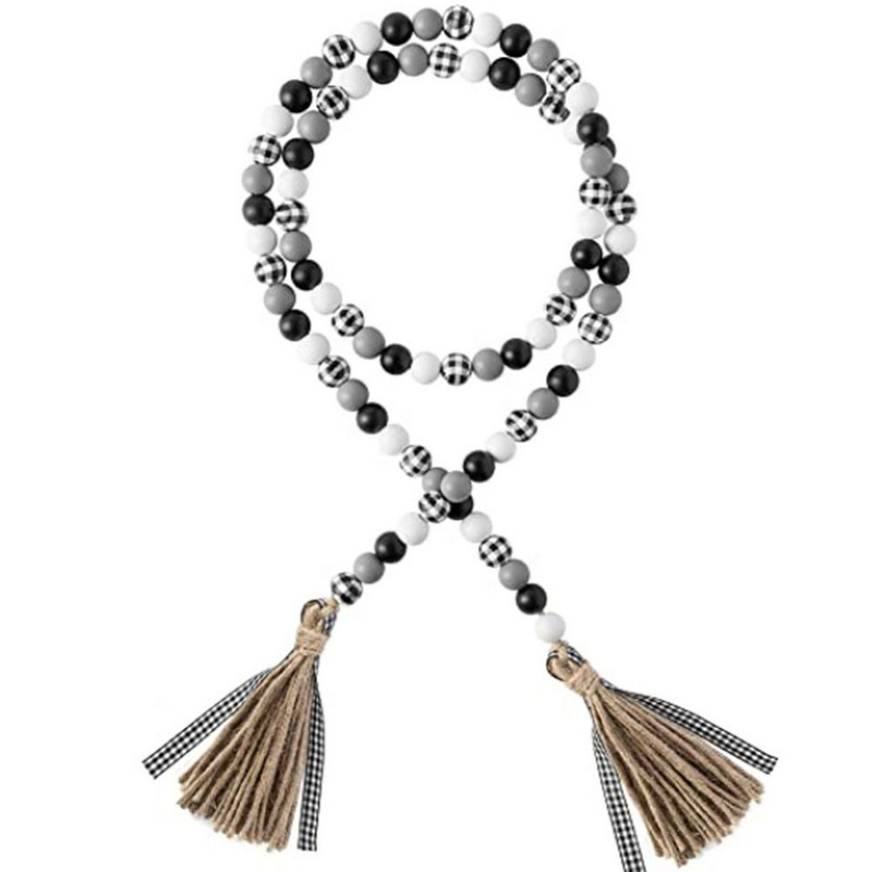 Koka pērlīšu vītnes Mājas dekorēšana Roku darbs Boho koka pērlīšu vītne ar džutas zemniecisku pušķi un mājas birkas piekarināmi sienas ornamenti