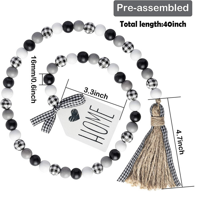 Koka pērlīšu vītnes Mājas dekorēšana Roku darbs Boho koka pērlīšu vītne ar džutas zemniecisku pušķi un mājas birkas piekarināmi sienas ornamenti