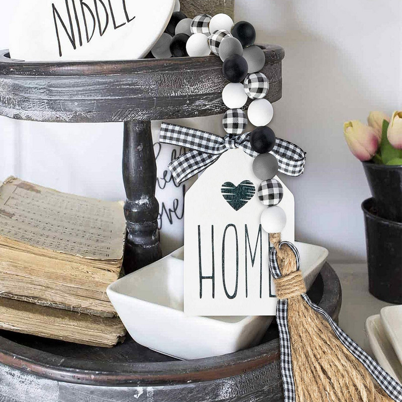 Koka pērlīšu vītnes Mājas dekorēšana Roku darbs Boho koka pērlīšu vītne ar džutas zemniecisku pušķi un mājas birkas piekarināmi sienas ornamenti