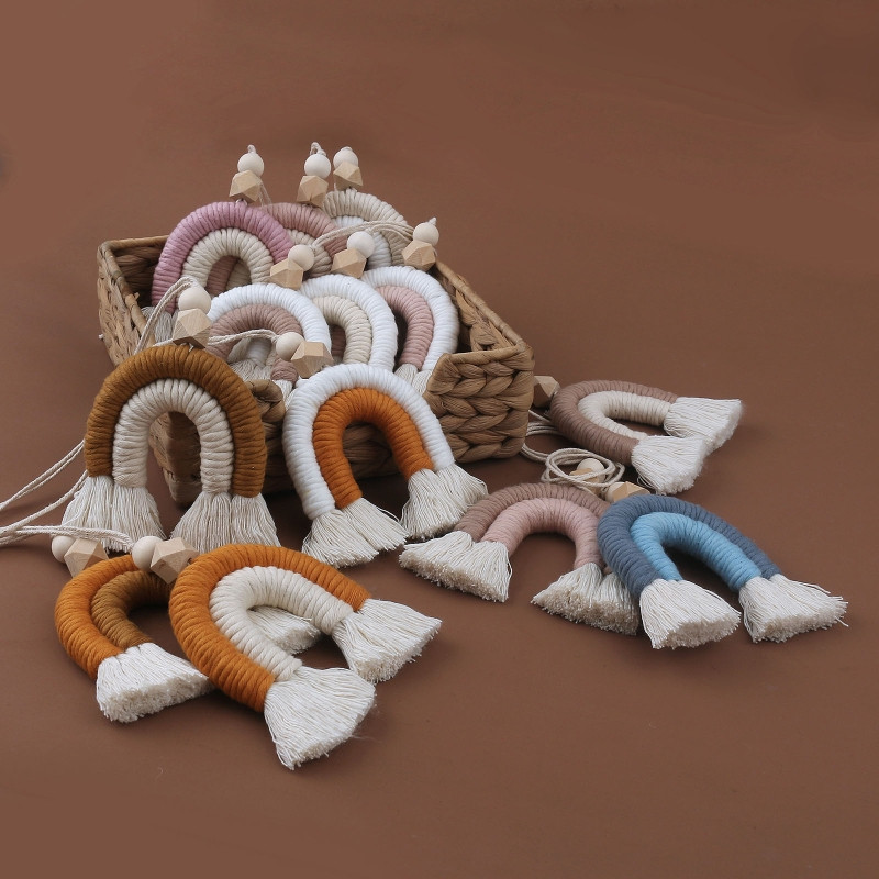 „Makrame“ vaivorykštė, pakabinama ant sienos, „Boho“ namų dekoro reikmenys vakarėliams Kūdikių dušas bendrabutyje Vaikų kambario karoliukai automobilio papuošalai