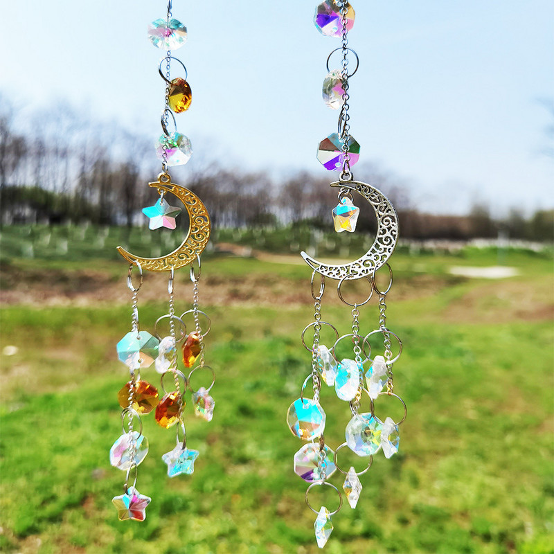 Χρυσό ασημί κρύσταλλο άνεμος κουδούνι Star Moon Sun Dream Catcher Κρεμαστό κρεμαστό άνεμο κουδούνι κορίτσι κρεβατοκάμαρα Ταπετσαρία άνεμος κουδούνι Δώρο