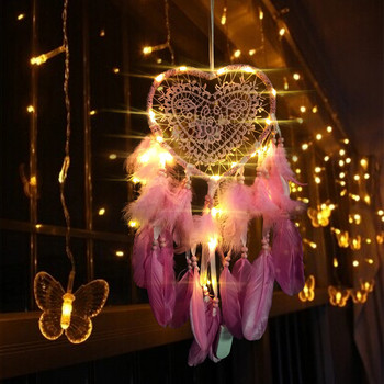 LED Dream Catcher with Feather Love Heart Dreamcatcher Night Light Home Bedside Wall Vising Home Party Wedding Decoration Gift