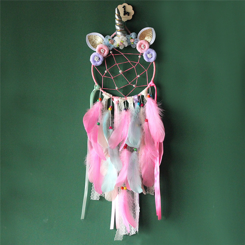 Egyszarvú Álomfogó Kézzel készített szélcsengő Álomfogók Otthoni lógó Kézműves Álomfogó Dísz Babaszobák LED-dekoráció