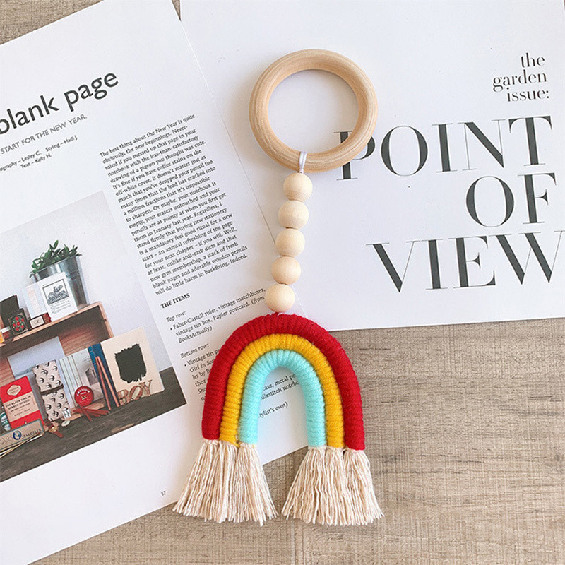 Makramé szivárvány fali akasztós dekoráció Boho lakberendezési buli kellékek babazuhany kollégiumi gyerekszoba gyöngybojt díszek