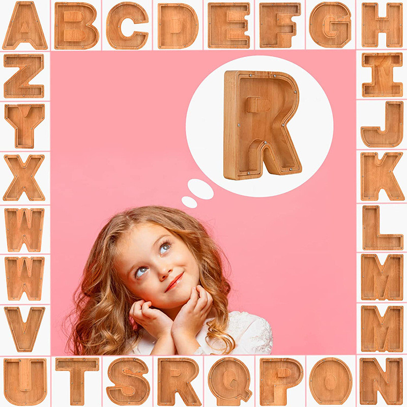 Divdesmit seši angļu alfabēta cūciņa banka koka monētu naudas taupīšanas kaste, monētu glabāšanas kaste, galddatora rotājumi mājas dekorēšanai