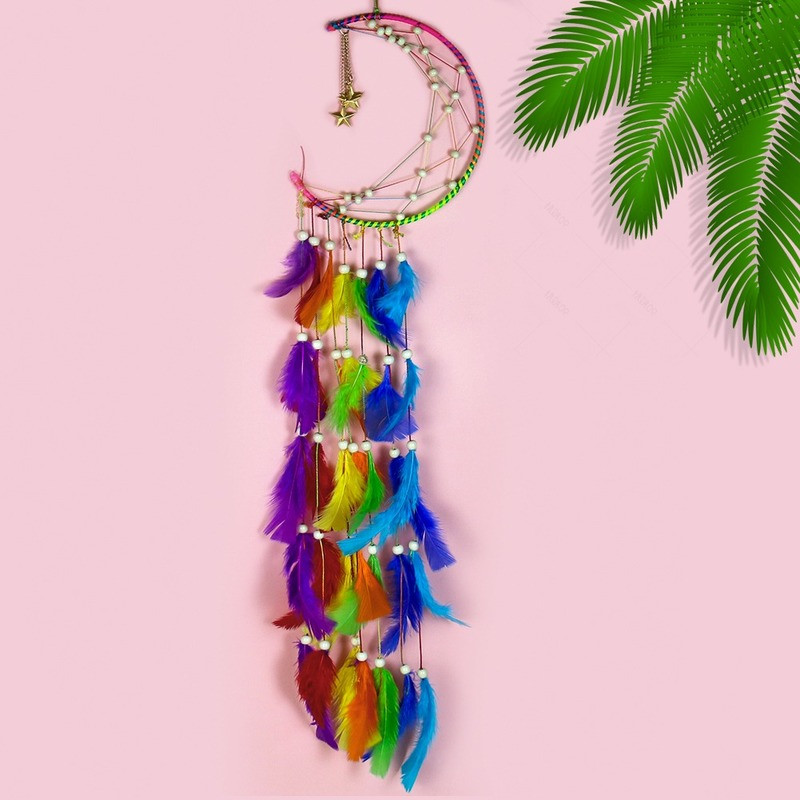 Musulmaņu islāms Ramadāna pusmēness mēness fāze Zvaigznes varavīksnes spalvas fāzēm pušķi Sapņu ķērējs Amulets talismans DIY sienas piekarināmais dekors