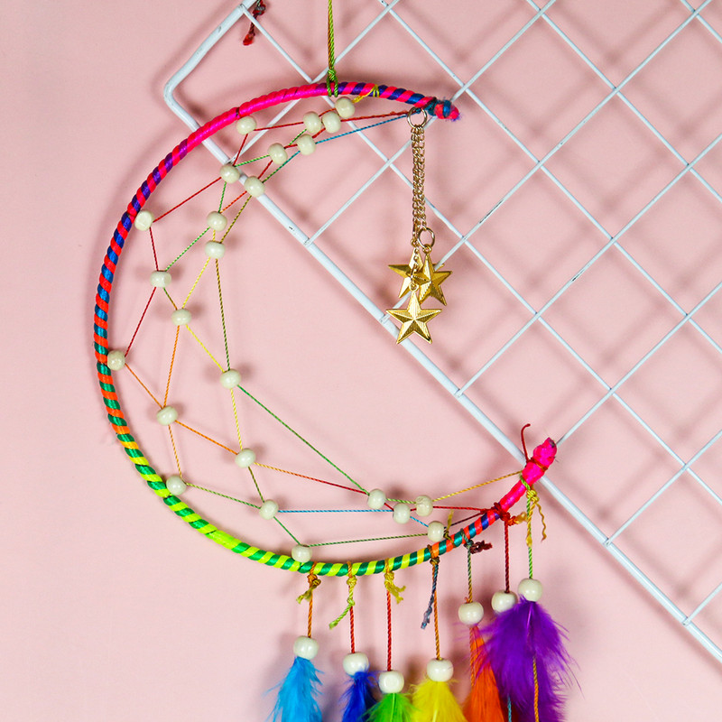 Musulmaņu islāms Ramadāna pusmēness mēness fāze Zvaigznes varavīksnes spalvas fāzēm pušķi Sapņu ķērējs Amulets talismans DIY sienas piekarināmais dekors