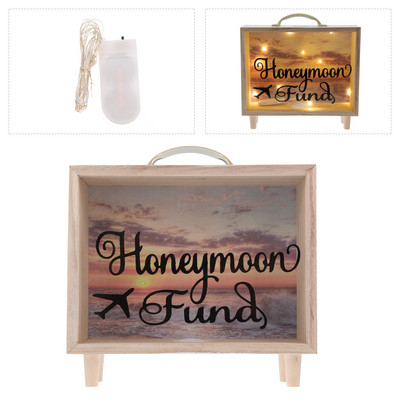 Honeymoon Fund Box Rustic Wood Box Wedding Saving Pot Shadow cūciņa banka ar gaismas stīgu kāzu dzimšanas dienas izlaidumam