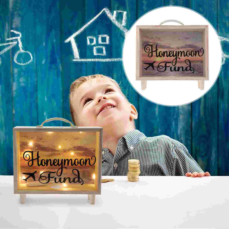 Кутия за меден месец Селска дървена кутия Сватбена спестяваща гърне Сянка Касичка с връвна светлина за сватби Рожден ден Дипломиране