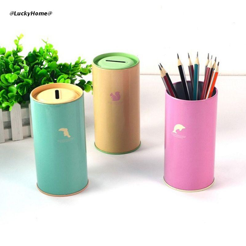 11UA Retro skardinis cilindras, saldainių spalvos Piggy Bank animacinių filmų zoologijos sodo gyvūnų raštai Pinigų taupymo dėžutė Atlygio rašiklio laikiklis monetų piniginis dėklas