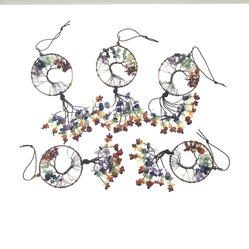 Hét csakra Életfa Kézzel készített szövésű medál Természetes turmalin ametiszt kvarc drágakő Reiki Energy Degauss autós lakberendezés