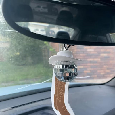 Pink Cowgirl CowBoy Hat Car Charm Galinio vaizdo veidrodėlis Kabantis Disco Ball Bling Raktų pakabukas Vakarų Priedai Krepšys Dekoras Automobilio perdarymas