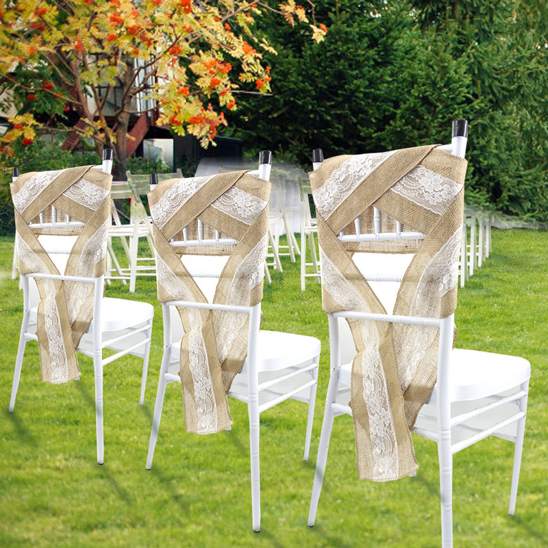 15x240 cm rustikaalne pulmakanga tooliraamid, pitsiga vööri Baby Shower'i jaoks Pruuditooli kate Sündmuse peo soosib kaunistus