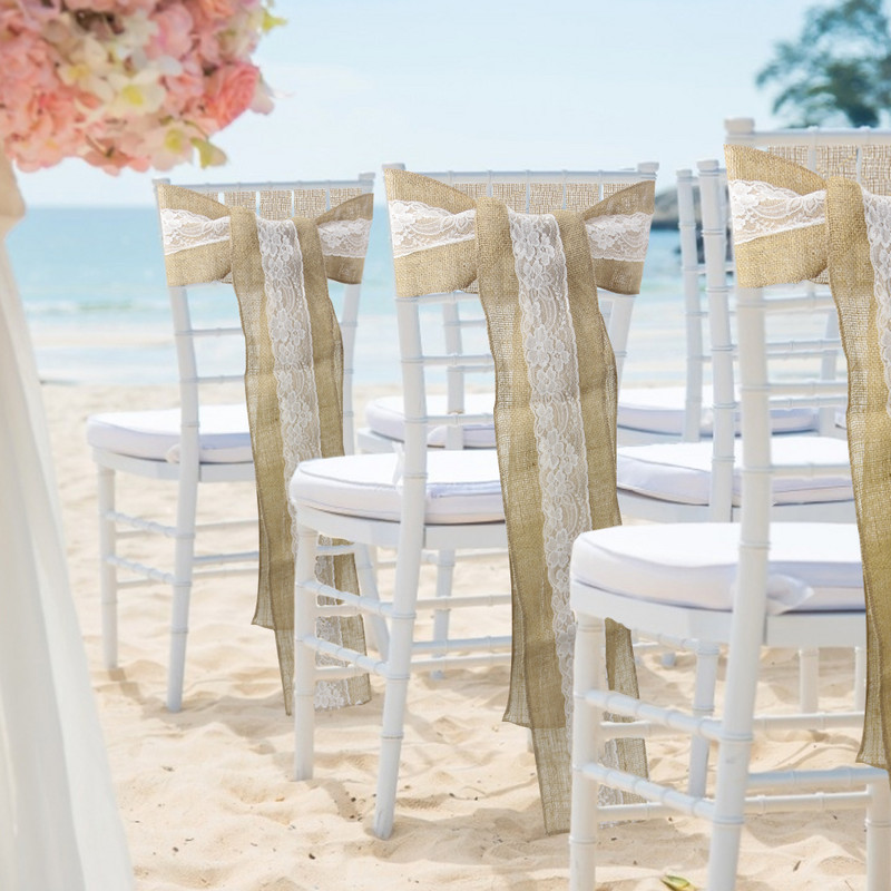 15x240 cm rustikaalne pulmakanga tooliraamid, pitsiga vööri Baby Shower'i jaoks Pruuditooli kate Sündmuse peo soosib kaunistus