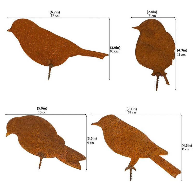 4 Pack Rusty Patina Metāla putnu silueti Dārza žoga dekors Dzenis Lauku pagalms Māksla Dārzkopība Apdares Metāla Putns