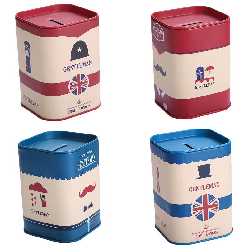 Mielas Piggy Bank Metal Square London Džentelmeno skardinis pinigų taupymo dėklas suaugusiems Vaikams Mergaitėms Berniukams Papuošalų dėžutės saugykla R7UB