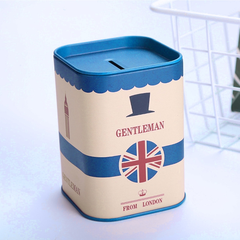 Mielas Piggy Bank Metal Square London Džentelmeno skardinis pinigų taupymo dėklas suaugusiems Vaikams Mergaitėms Berniukams Papuošalų dėžutės saugykla R7UB