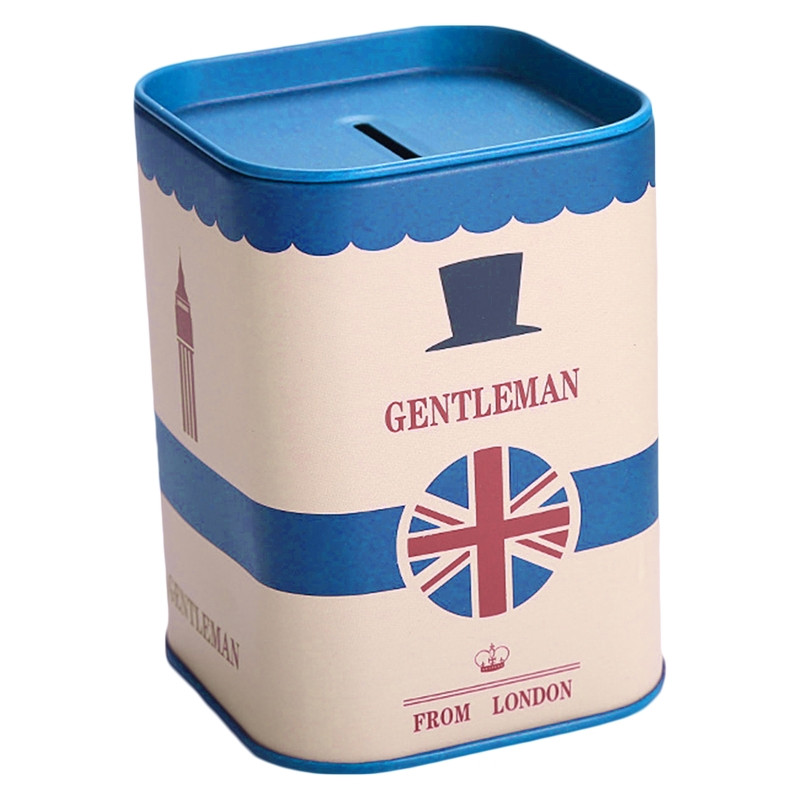 Mielas Piggy Bank Metal Square London Džentelmeno skardinis pinigų taupymo dėklas suaugusiems Vaikams Mergaitėms Berniukams Papuošalų dėžutės saugykla R7UB
